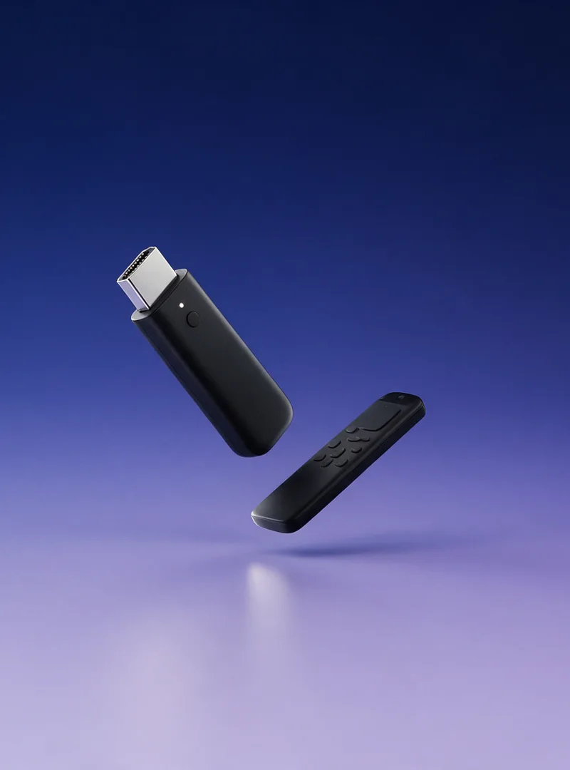 A black streaming stick and its remote on a deep indigo background
