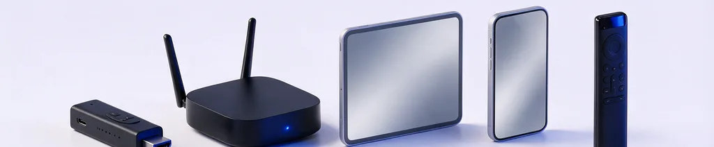 Streaming devices lined up on a pale background, showing what the service runs on