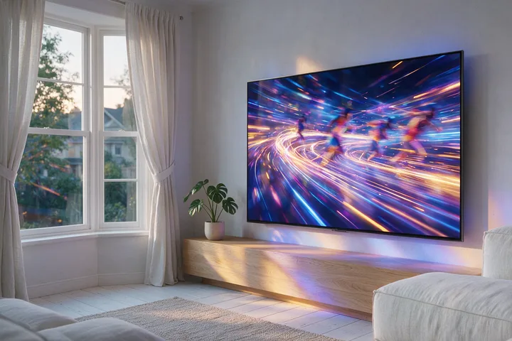 A wall-mounted 4K television in a bright living room showing a vivid sports broadcast