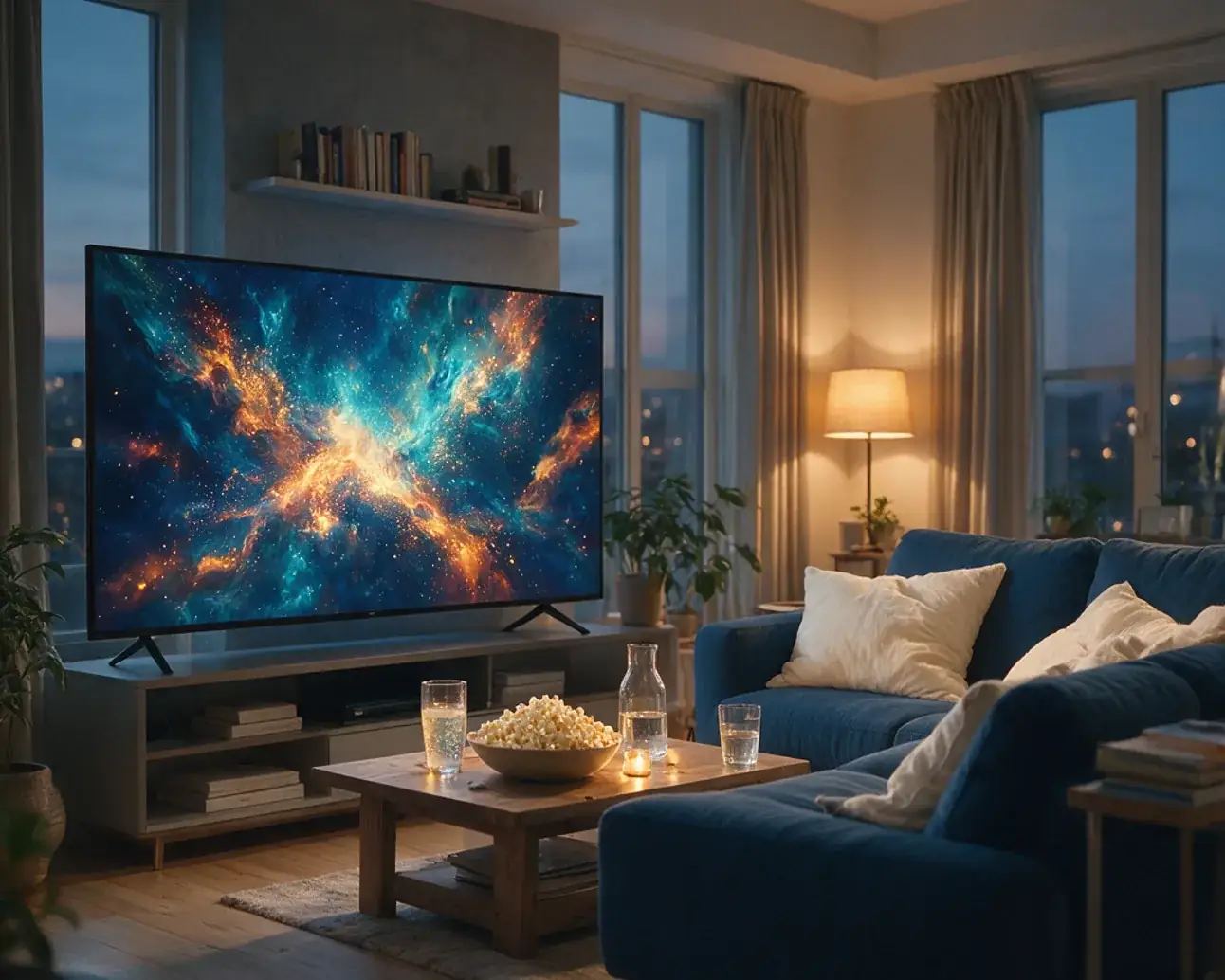 A living room set up for a film night, with a wide 4K television lit up in the corner