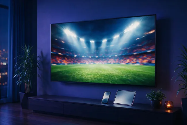 A widescreen television showing a floodlit stadium at night, with a tablet and phone on the console below